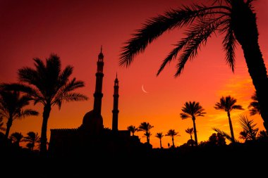 Gün batımında gökyüzü arka planında güzel büyük bir İslam camisi.