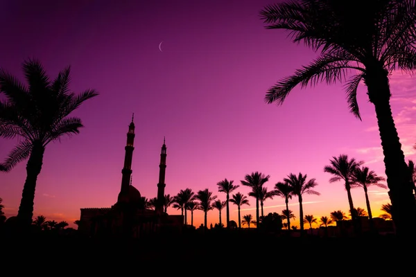 Prachtige ruime Islamitische moskee bij zonsondergang lucht achtergrond — Stockfoto