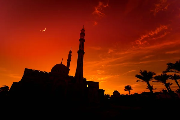Prachtige ruime Islamitische moskee bij zonsondergang lucht achtergrond — Stockfoto