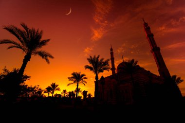 Gün batımında gökyüzü arka planında güzel büyük bir İslam camisi.
