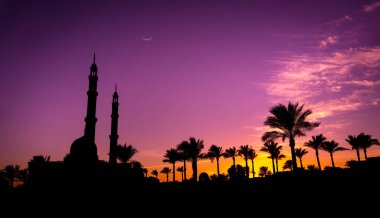Gün batımında gökyüzü arka planında güzel büyük bir İslam camisi.