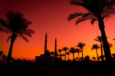 Gün batımında gökyüzü arka planında güzel büyük bir İslam camisi.