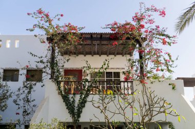Tropikal bahçedeki en üst katın balkon ve çatılı manzarası.