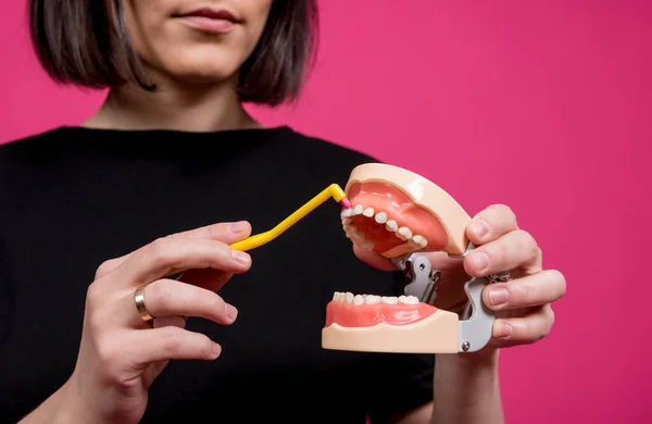 Jovem feliz bonita com única escova de dentes tufado no fundo rosa em branco — Fotografia de Stock