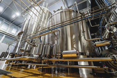 Bira fermantasyonu ve bira fabrikasında olgunlaşma için çelik tanklar.