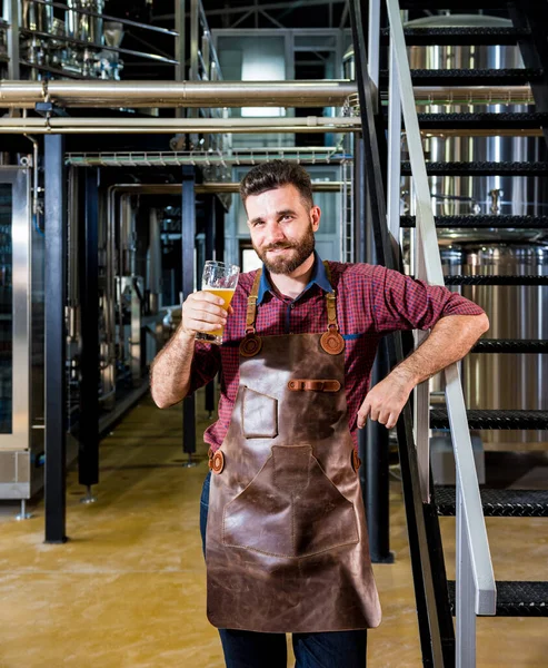 Jovem cervejeiro macho em avental de couro na fábrica de cervejaria moderna — Fotografia de Stock