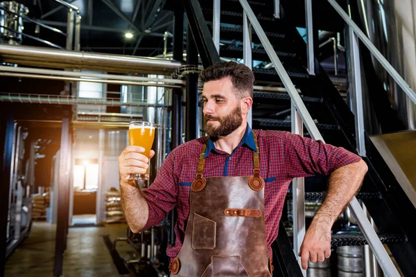 Jonge mannelijke brouwer in lederen schort in moderne brouwerij fabriek — Stockfoto