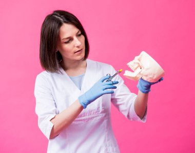 Araba kullanan kadın dişçi yapay kafatasının sakızına anestezi enjekte ediyor.