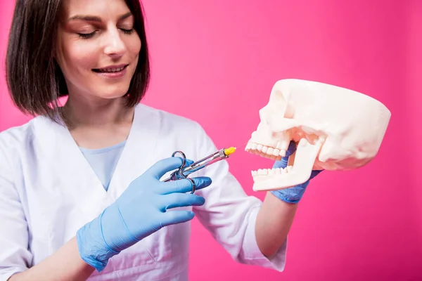 Woman dentist with a carpool syringe injects anesthetic into the gum of the artificial skull — Stock Photo, Image