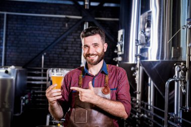 Deri önlük giyen genç bira imalathanesinde bira test ediyor.