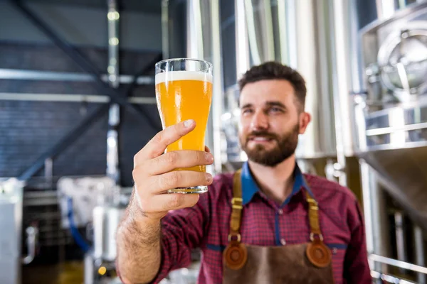 Jonge brouwer met een leren schort test bier in een moderne brouwerij — Stockfoto