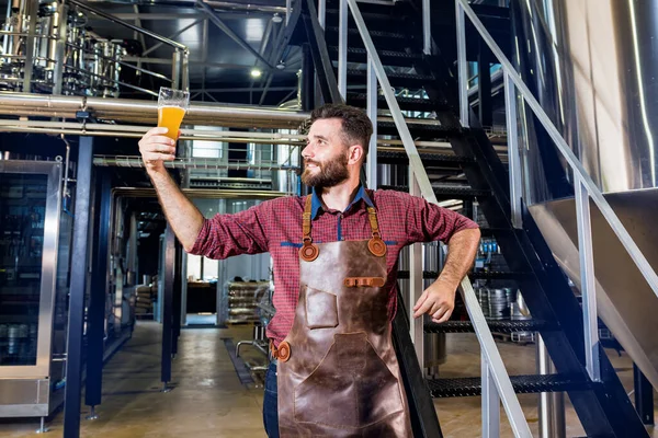 Jonge mannelijke brouwer in lederen schort in moderne brouwerij fabriek — Stockfoto