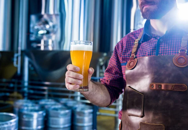 Jonge brouwer met een leren schort test bier in een moderne brouwerij — Stockfoto