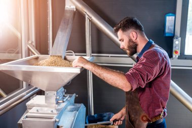 Deri önlüklü genç bir bira üreticisi modern bir bira fabrikasında malt tohumlarının öğütülmesini kontrol eder.