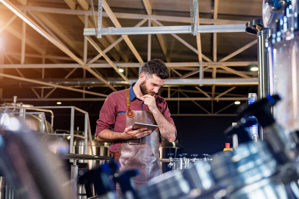 Young male brewer in leather apron supervising the process of beer fermentation at modern brewery factory