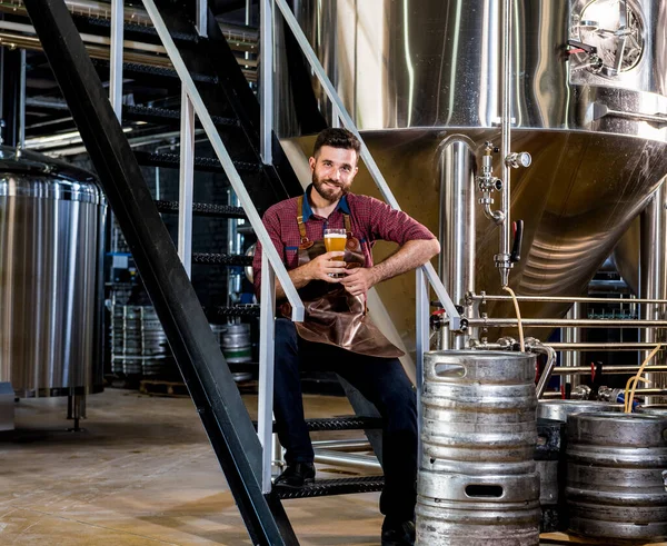 Jonge mannelijke brouwer in lederen schort in moderne brouwerij fabriek — Stockfoto