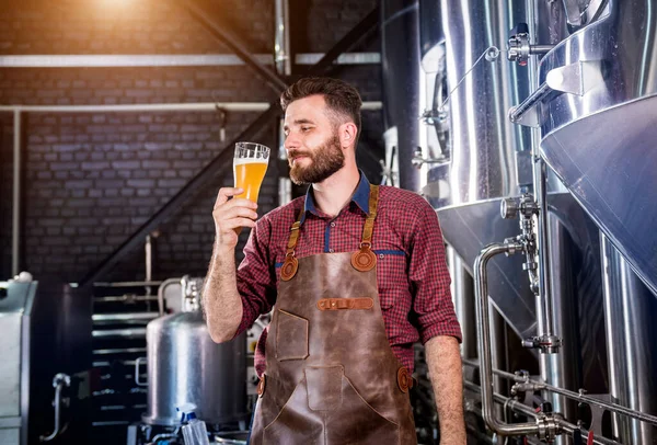 Jonge brouwer met een leren schort test bier in een moderne brouwerij — Stockfoto