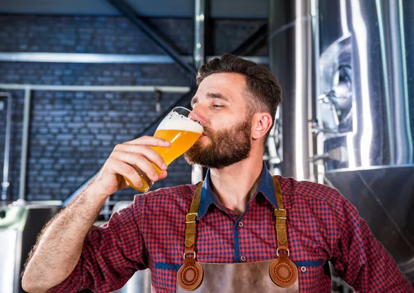 Jonge brouwer met een leren schort test bier in een moderne brouwerij — Stockfoto