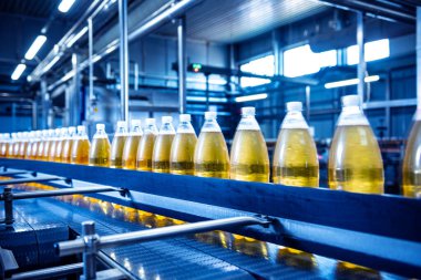 Modern bir içecek fabrikasında meyve suyu veya su için şişeli taşıyıcı bant