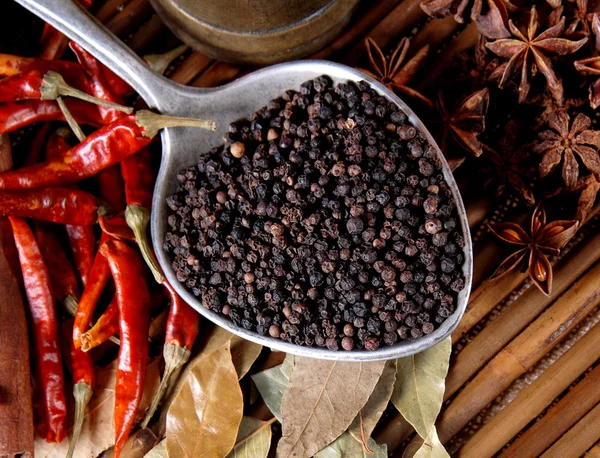 Zwarte peper in stalen lepel — Stockfoto