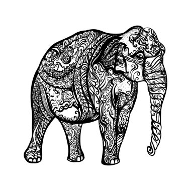 Asya Hint fil hayvan Doodle. Siyah beyaz resim