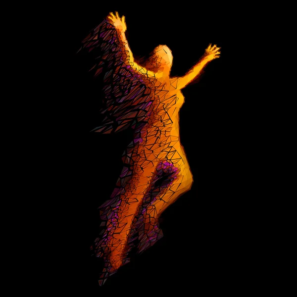 Femme sautante à partir de triangles de couleur sur fond noir — Image vectorielle