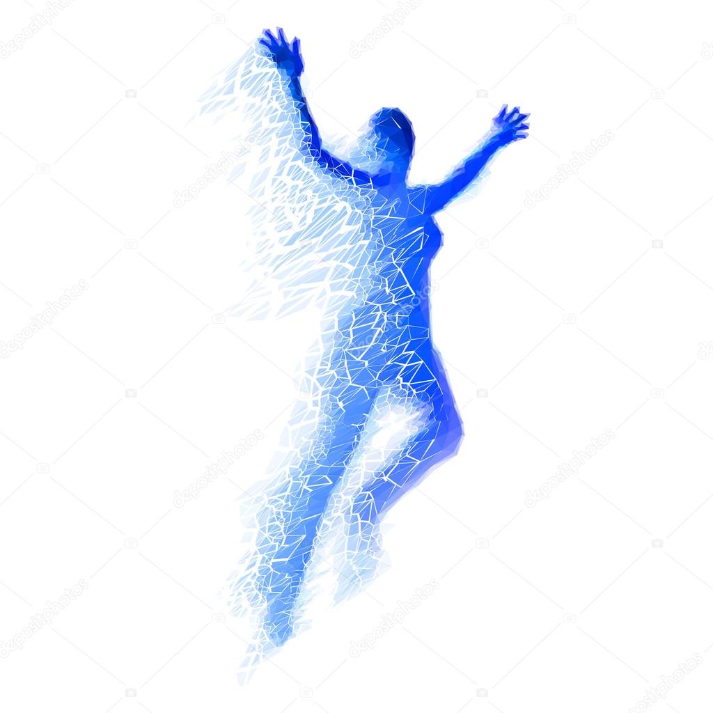 Jumping Woman From Blue Triangles on White Background