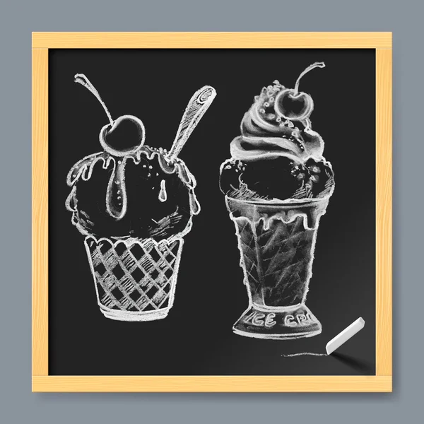 Conjunto de helado dibujado a mano sobre fondo de pizarra — Vector de stock
