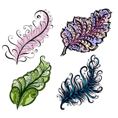 Soyut tüyler beyaz bir dizi Doodle çizilmiş