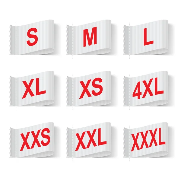 Ensemble d'étiquettes de taille de vêtement, texte rouge sur blanc — Image vectorielle