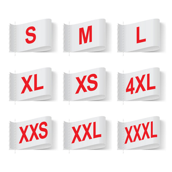 Набор этикеток размера одежды, красный текст на белом
