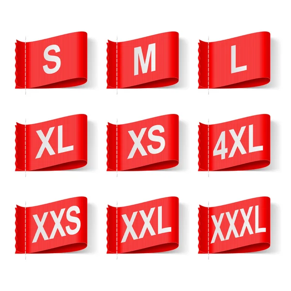 Conjunto de etiquetas de tamaño de ropa, texto blanco en rojo — Vector de stock