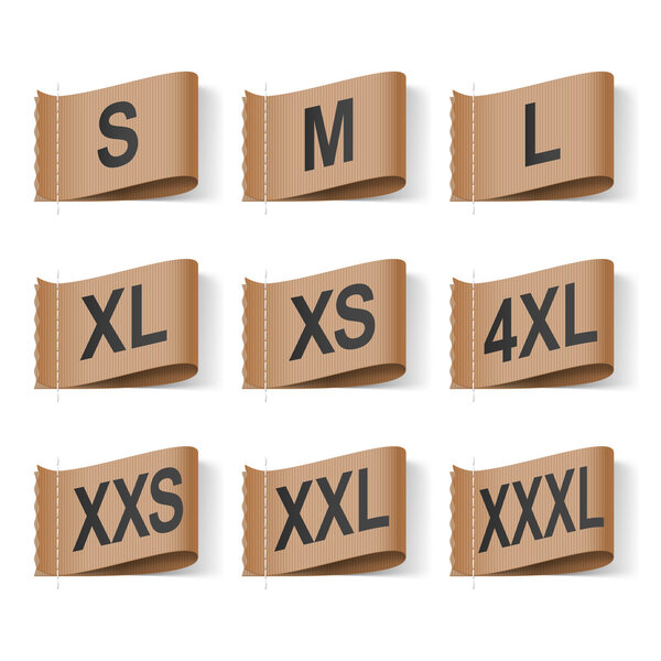 Набор этикеток размера одежды, черный текст на коричневый

