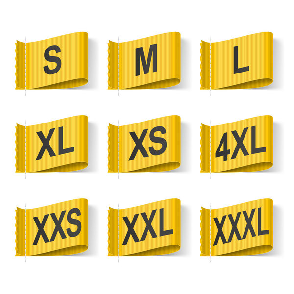Набор этикеток размера одежды, черный текст на желтом
