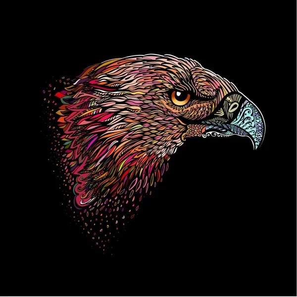 Gestileerde hoofd van Eagle. Hand getrokken Doodle illustratie in kleur op zwart — Stockvector