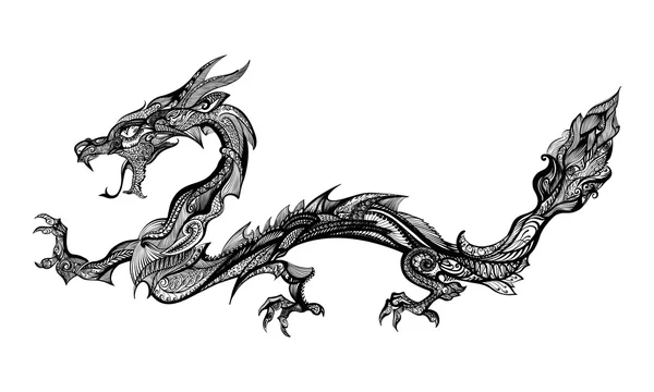 Doodle Black Dragon izolat pe fundal alb — Vector de stoc