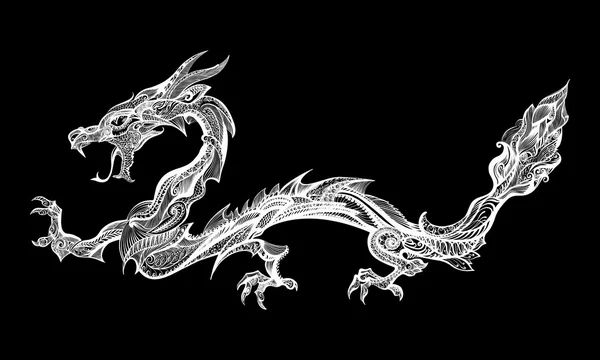 Doodle White Dragon Isolated on Black Background — Stock Vector