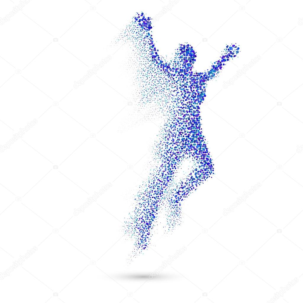 Concept Jumping Woman From in Blue Dots on White