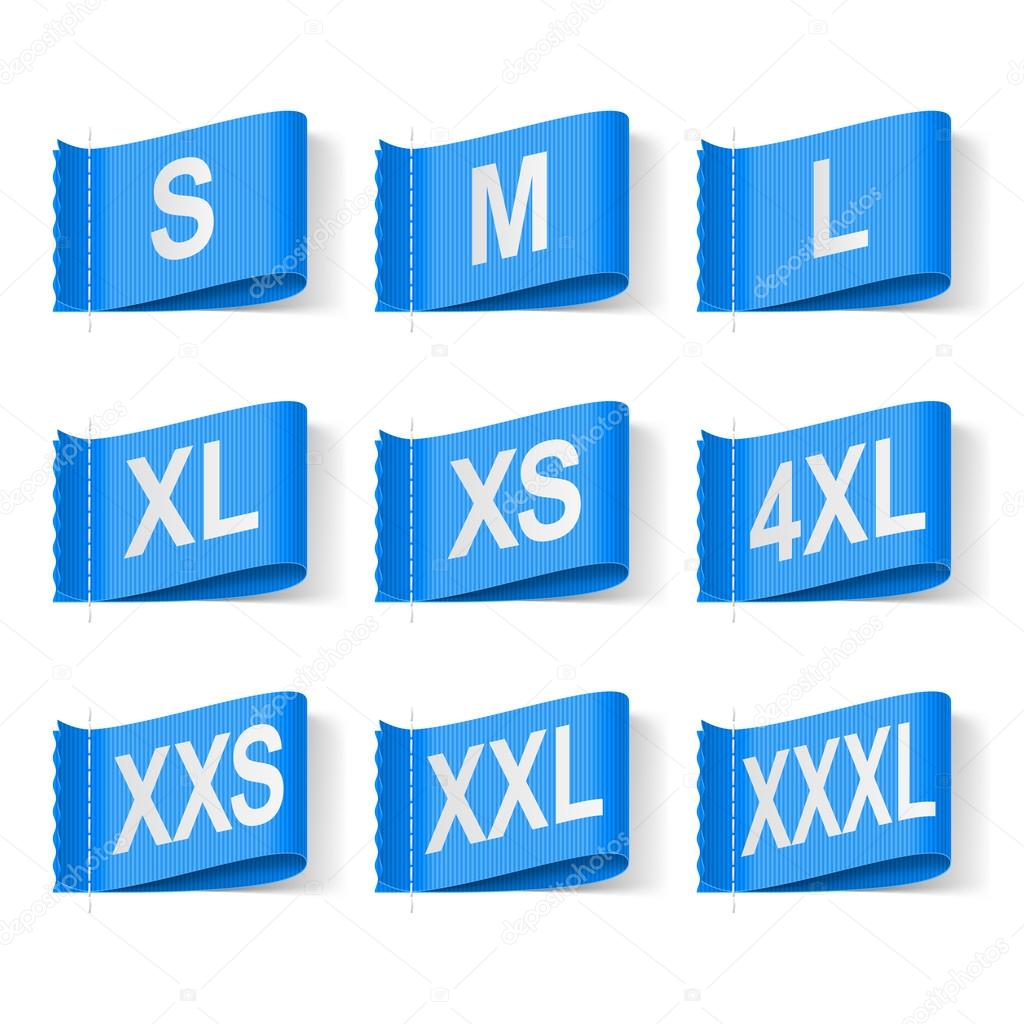 Set of Clothing Size Labels, White Text on Blue
