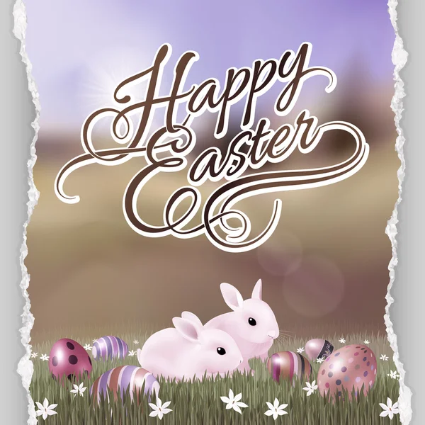 Happy Easter Greeting Card with Rabbits. Illustration on Vintage Background — Stock Vector