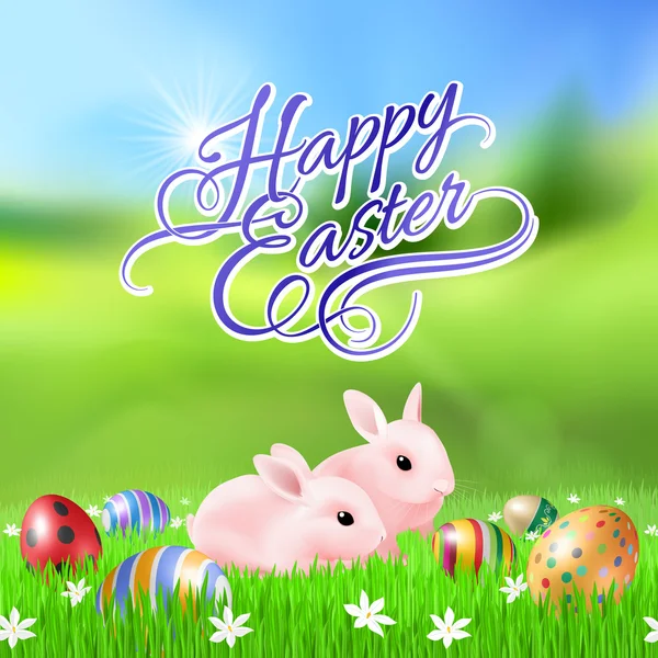 Joyeuse carte de vœux de Pâques avec deux lapins sur herbe verte — Image vectorielle