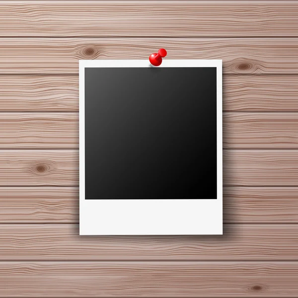 Retro Photo Frame Pinned with Red Pin on Wooden Wall — Stock Vector