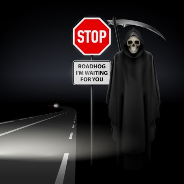 Scytheman yanında belgili tanımlık yol trafik işaretleri ile durdurmak
