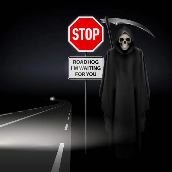 Scytheman beside the road with a traffic sign Stop — Stock Vector