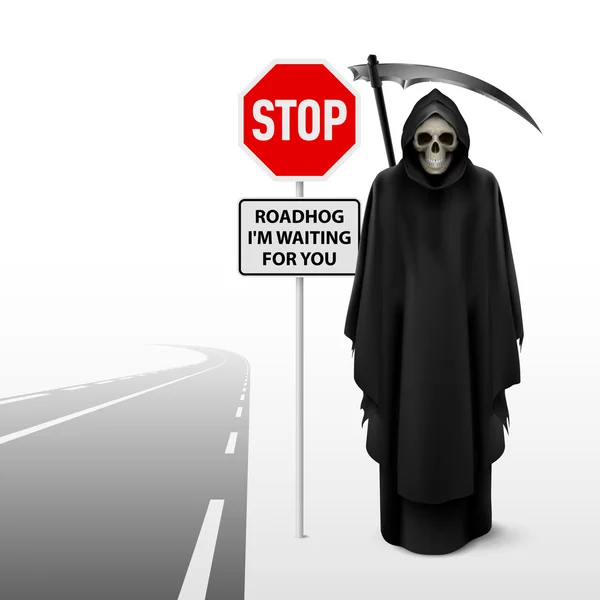 Scytheman beside the road with a traffic sign of stop — Stock Vector
