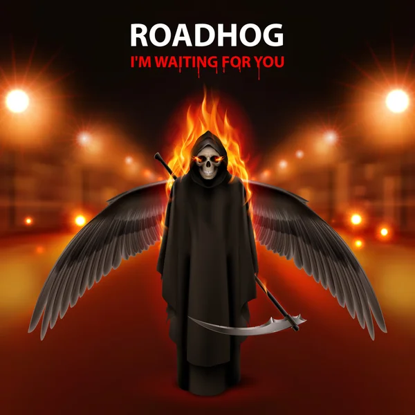 RoadHog Ilustration avec scythème noir brûlant et texte-je vous attends sur route floue avec des lumièresRoadHog Ilustration — Image vectorielle