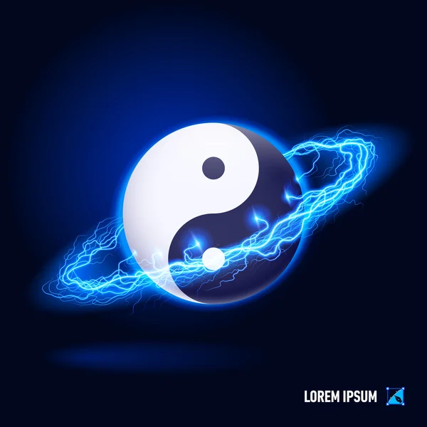 Традиционный китайский символ Инь Ян в голубых вспышках и круге освещения — стоковый вектор
