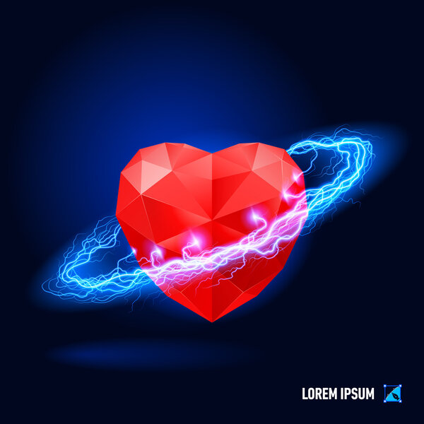 Red diamond in form heart surrounded by a stream of blue energy in the space