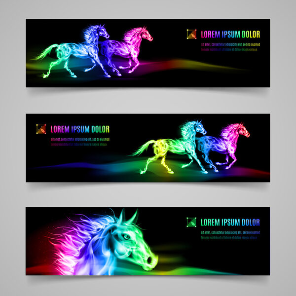 Set of banners with horses in multicolored flame