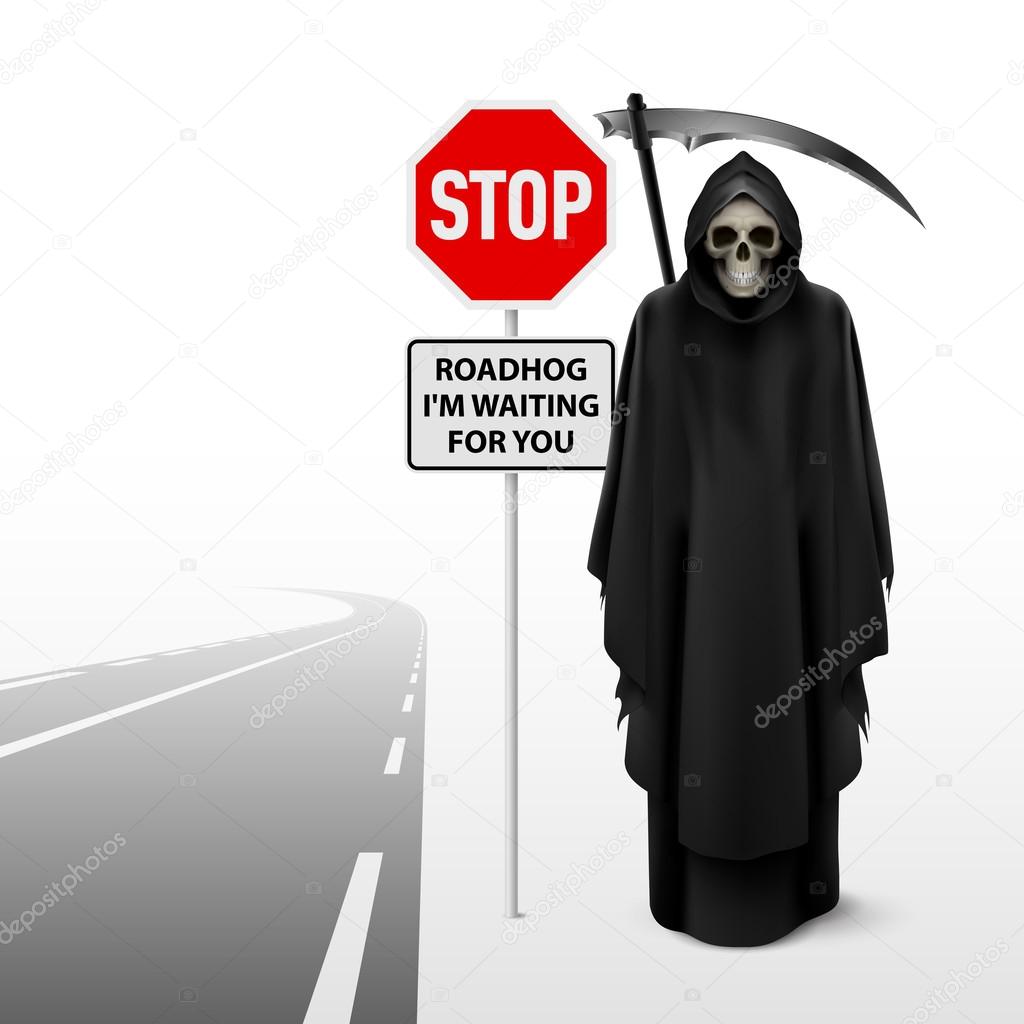 Scytheman beside the road with a traffic sign of stop